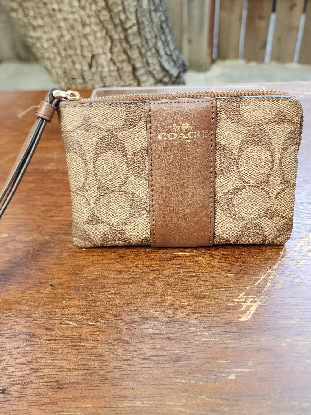 COACH Signature Canvas Corner Zip Wristlet Khaki Saddle Brown 58035